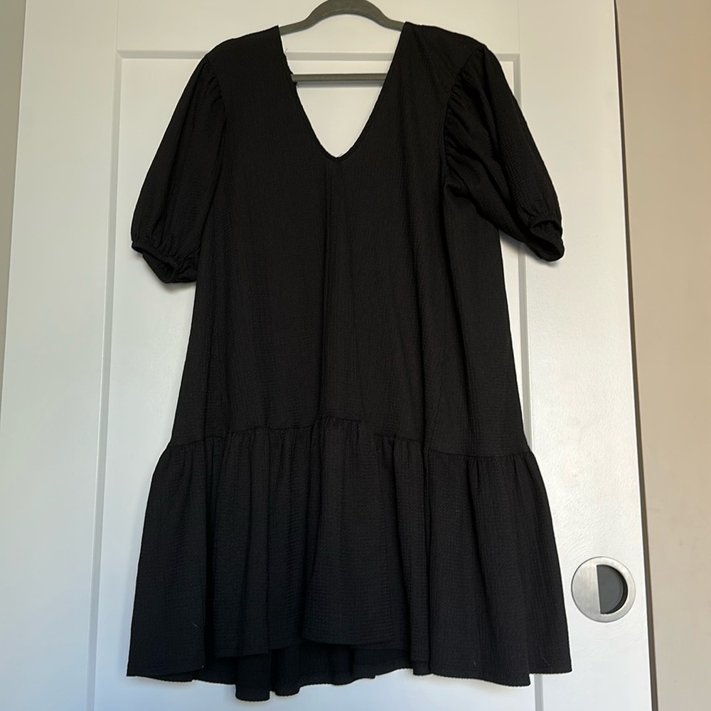 Black drop waist tie back dress